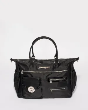 Black Nylon Pocket and Zip Baby Bag With Silver Hardware