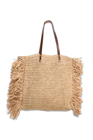 Fringed Straw Beach Tote Bag In Beige