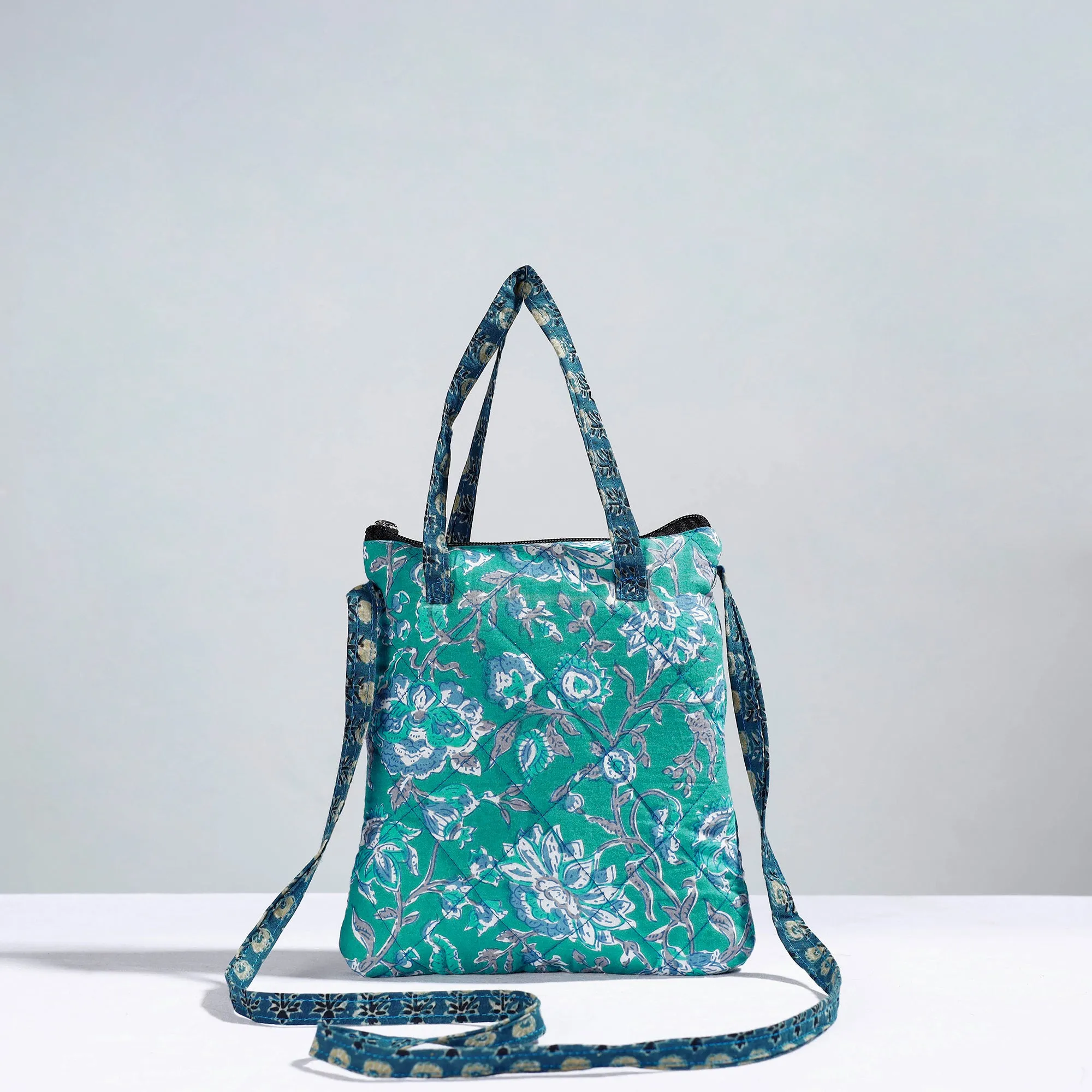 Green - Handmade Quilted Cotton Sling Bag 11