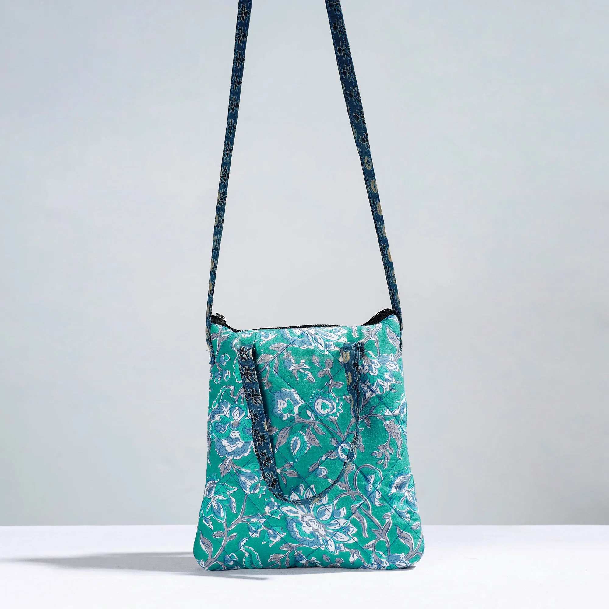 Green - Handmade Quilted Cotton Sling Bag 11