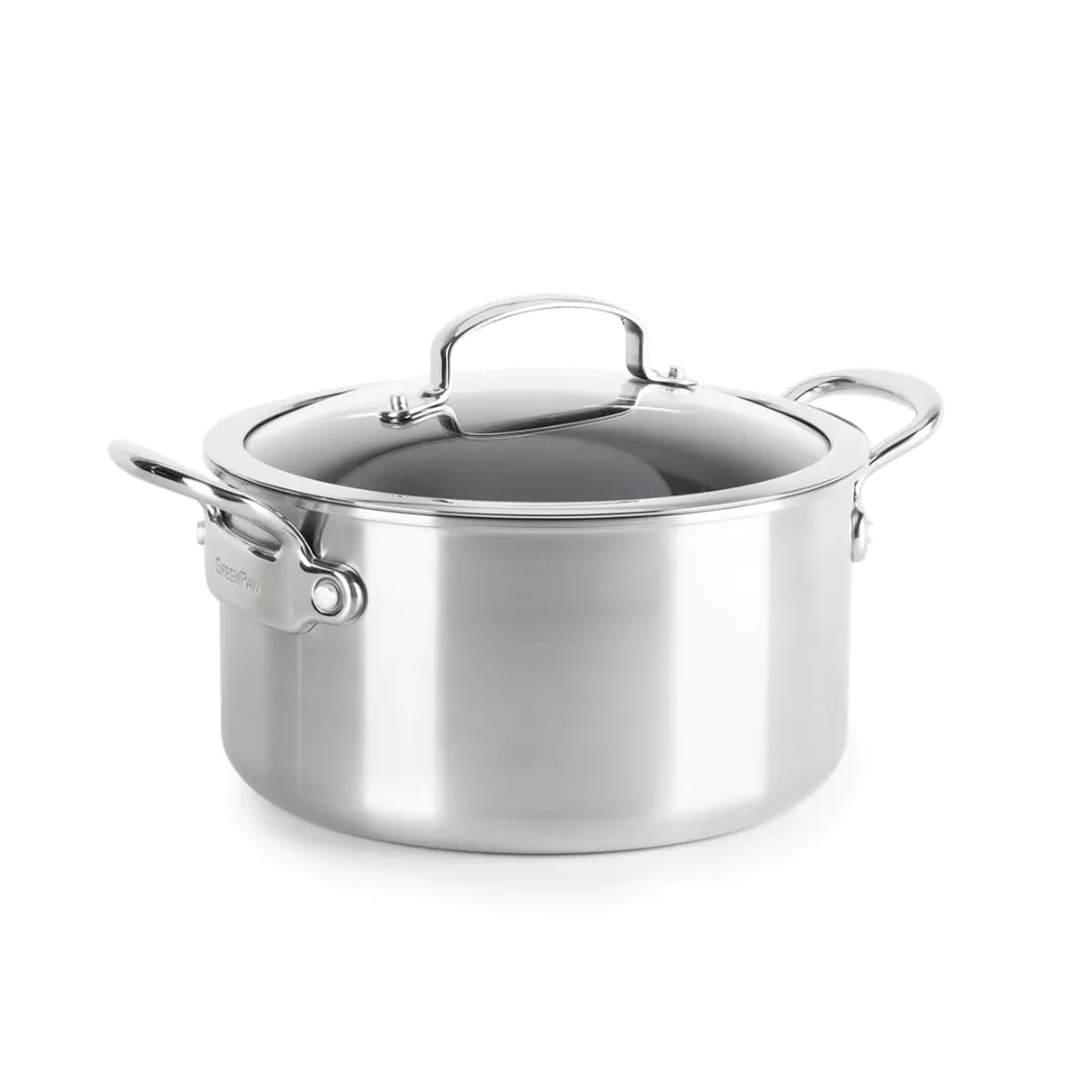 GreenPan Premiere 24cm Stock Pot with Lid, Stainless Steel [PFAS FREE]