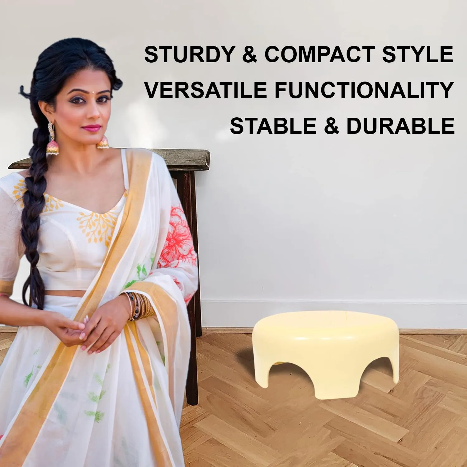 Heart Home Bathroom Stool | Plastic Bathroom Stool for Bathing | Bathroom Stool for Senior Citizen | Patla for Toilet | Sumo Stool | Pack of 2 | Cream