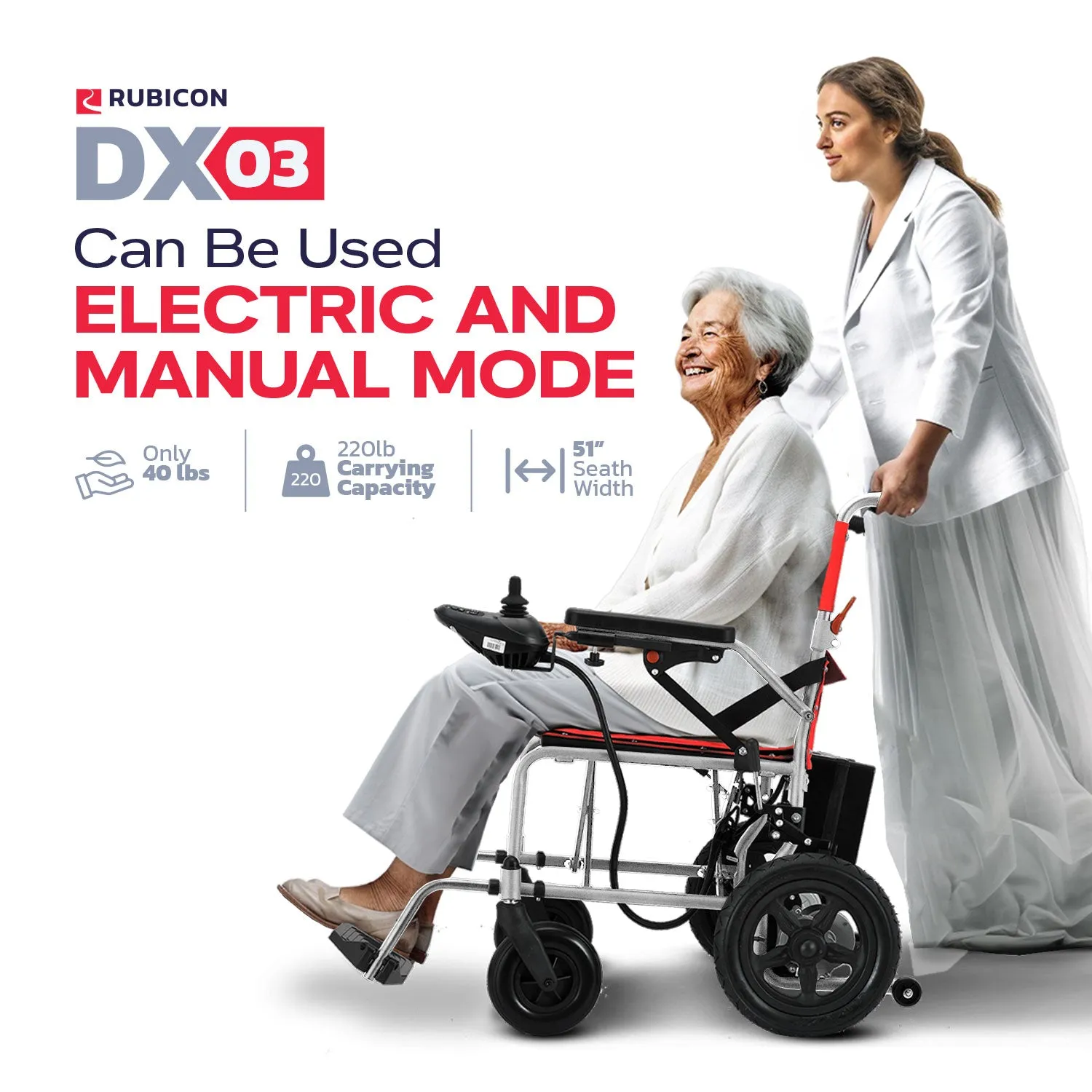Rubicon DX03 - Lightweight, Foldable & Powerful Electric Wheelchair: Affordable, Airline-Approved, Travel Friendly | Economical Power Wheelchair