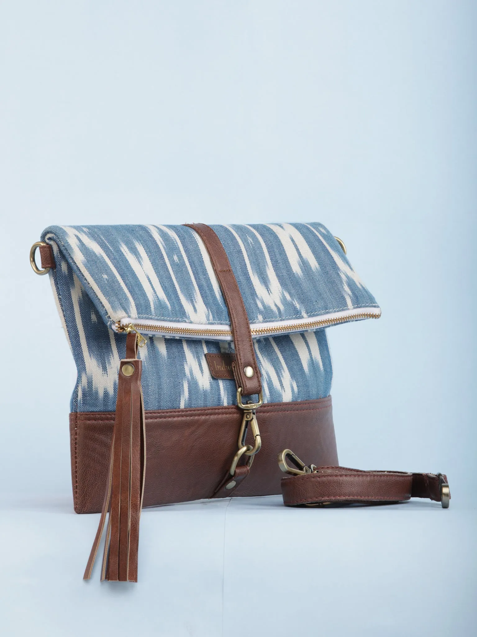 Sky Blue OffWhite Ikat & Vegan Leather Fold Over Sling Bag - B1301