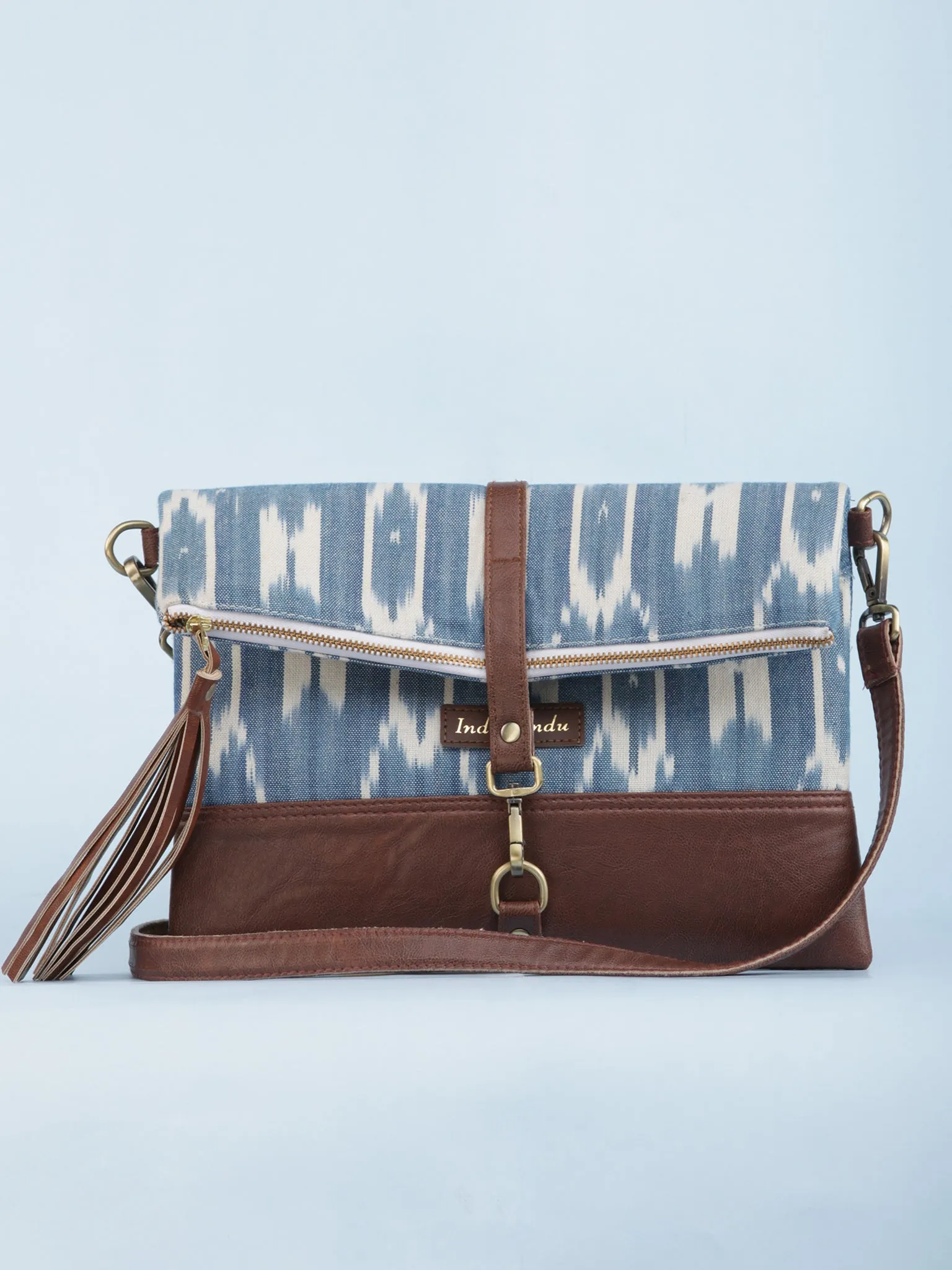Sky Blue OffWhite Ikat & Vegan Leather Fold Over Sling Bag - B1301