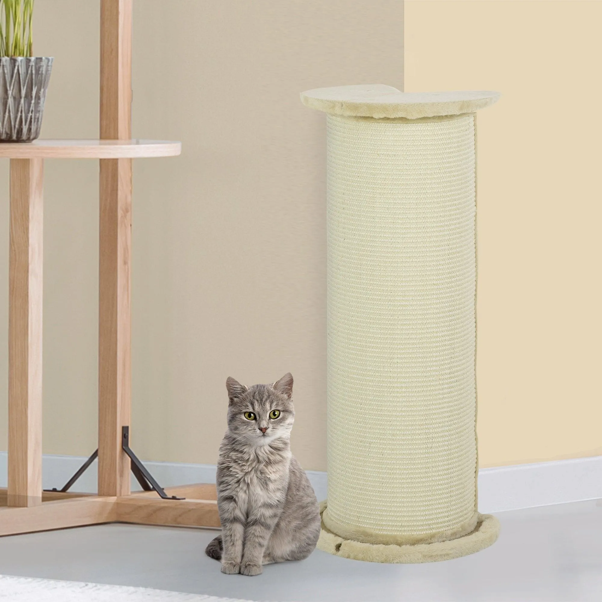 Tall Cat Scratching Post with Sisal Rope, Soft Plush Cover, 85cm - Beige