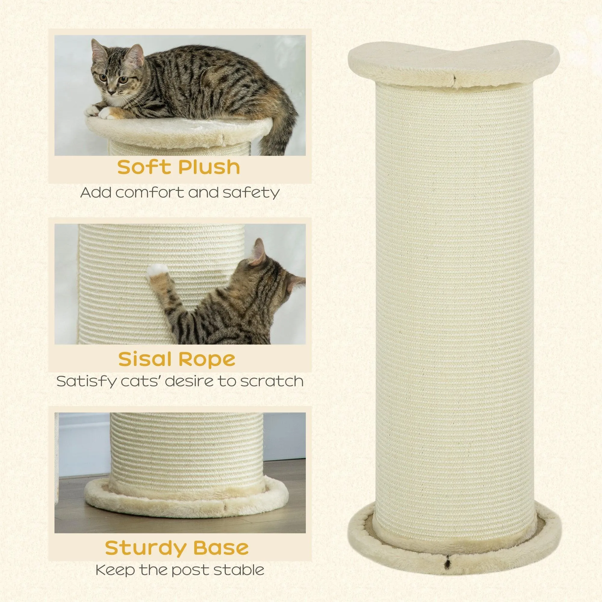 Tall Cat Scratching Post with Sisal Rope, Soft Plush Cover, 85cm - Beige