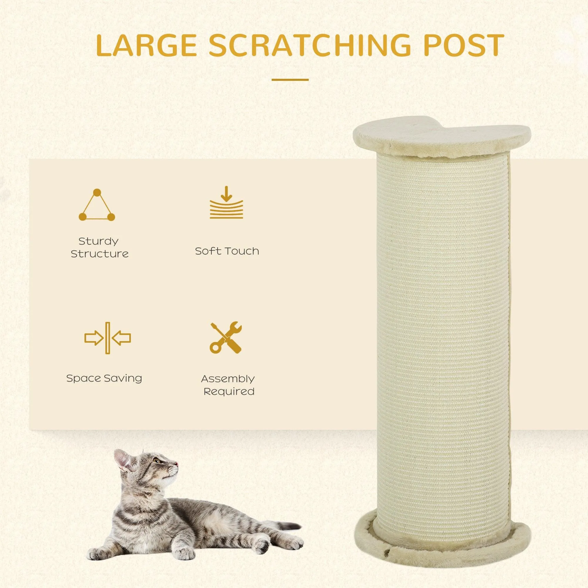 Tall Cat Scratching Post with Sisal Rope, Soft Plush Cover, 85cm - Beige