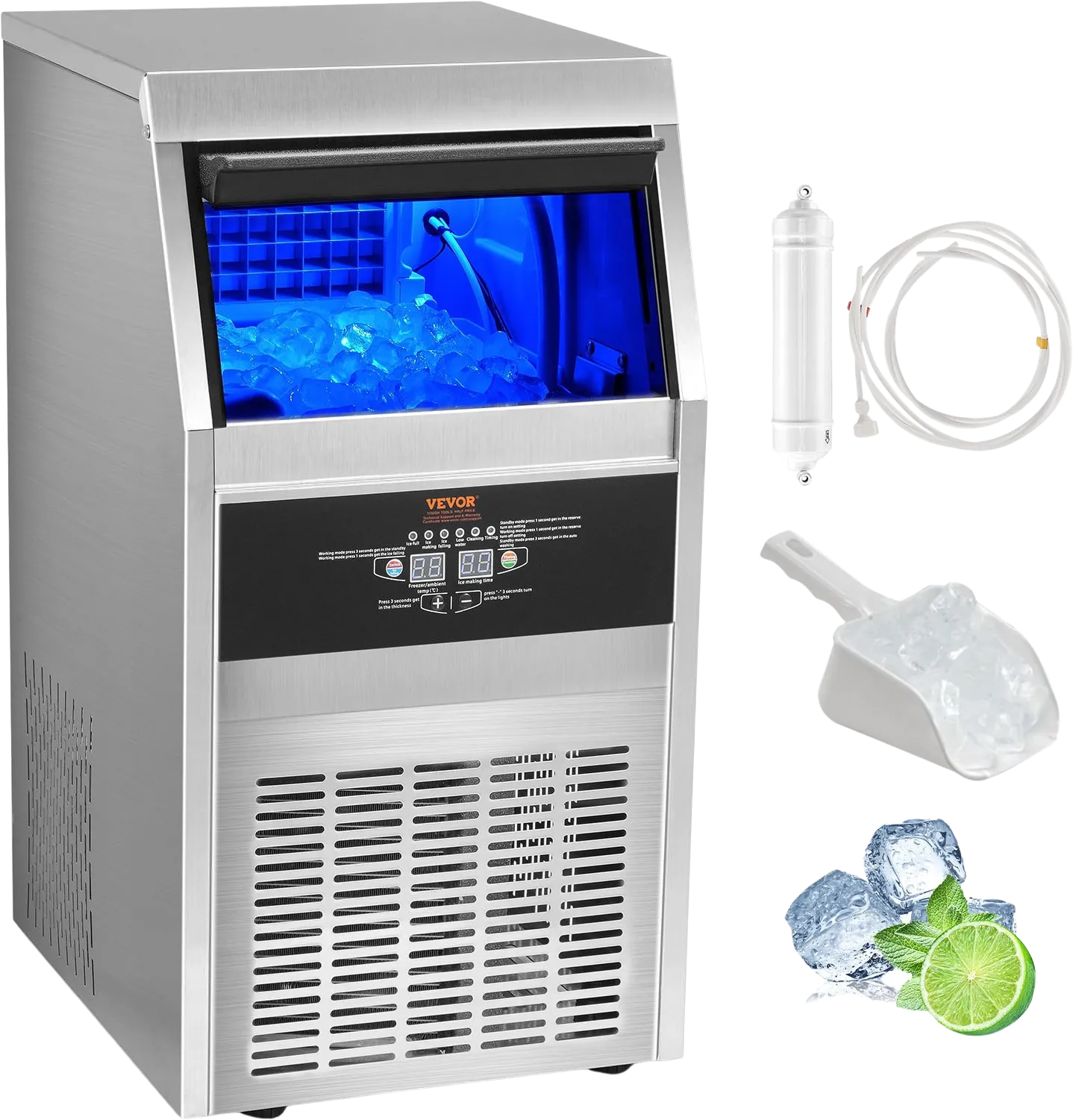 Vevor Commercial Ice Maker 90 Lbs/Day with 24 Lbs Storage Capacity LED Digital Display New