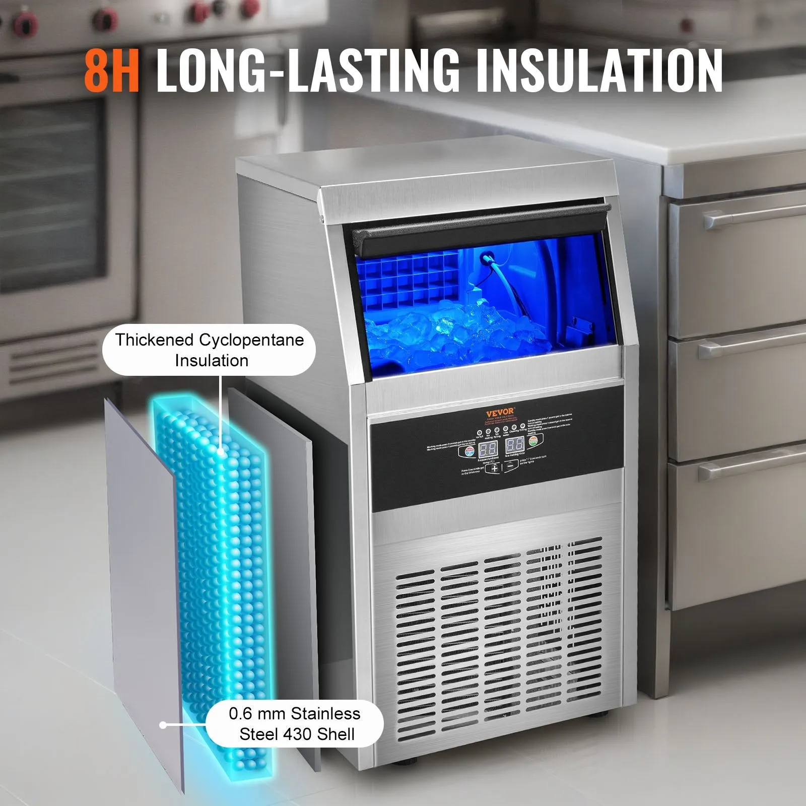 Vevor Commercial Ice Maker 90 Lbs/Day with 24 Lbs Storage Capacity LED Digital Display New