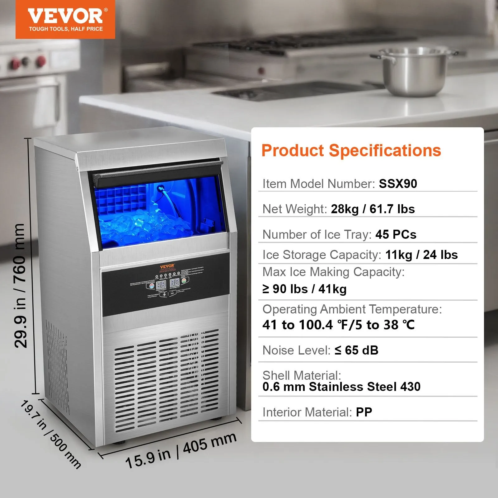 Vevor Commercial Ice Maker 90 Lbs/Day with 24 Lbs Storage Capacity LED Digital Display New