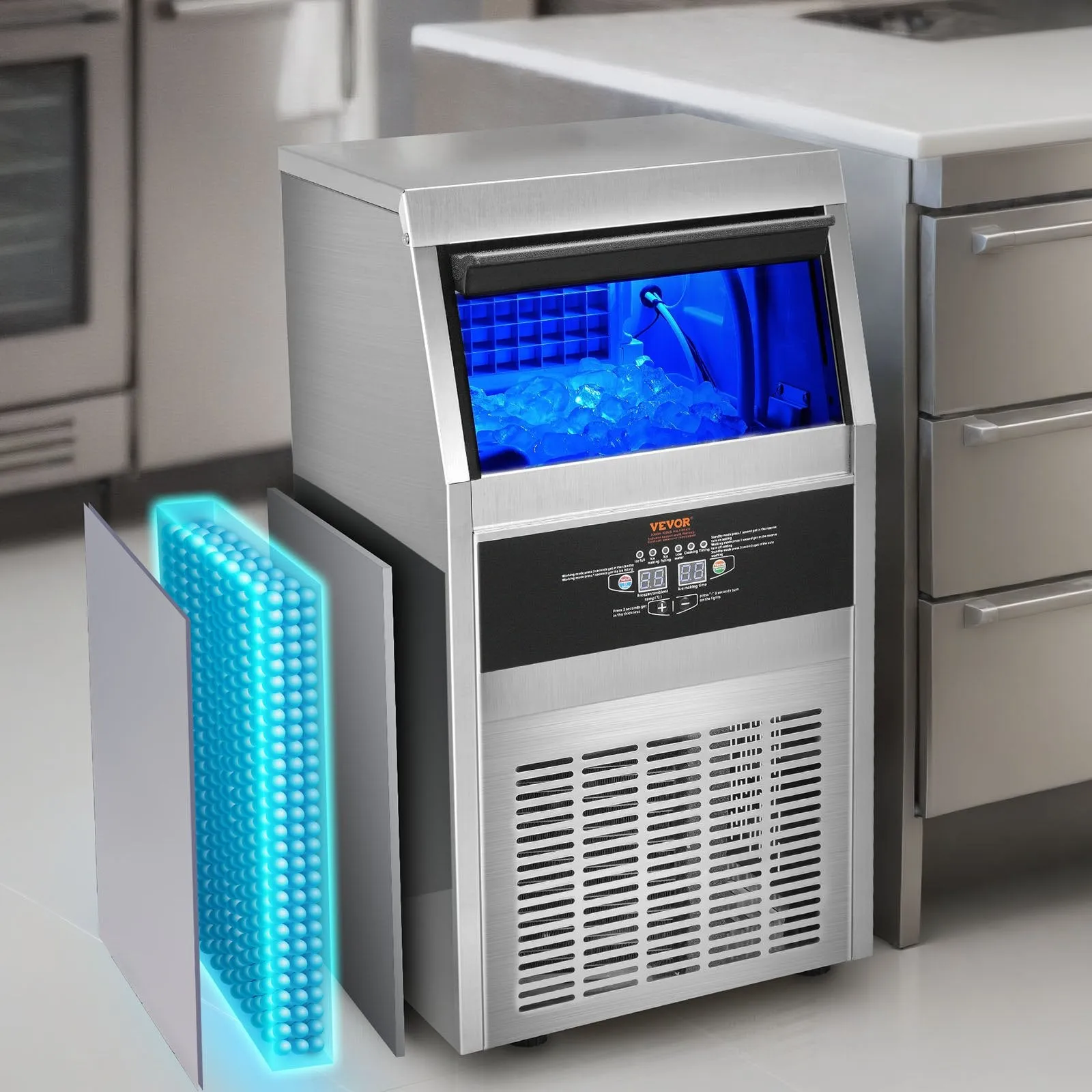Vevor Commercial Ice Maker 90 Lbs/Day with 24 Lbs Storage Capacity LED Digital Display New