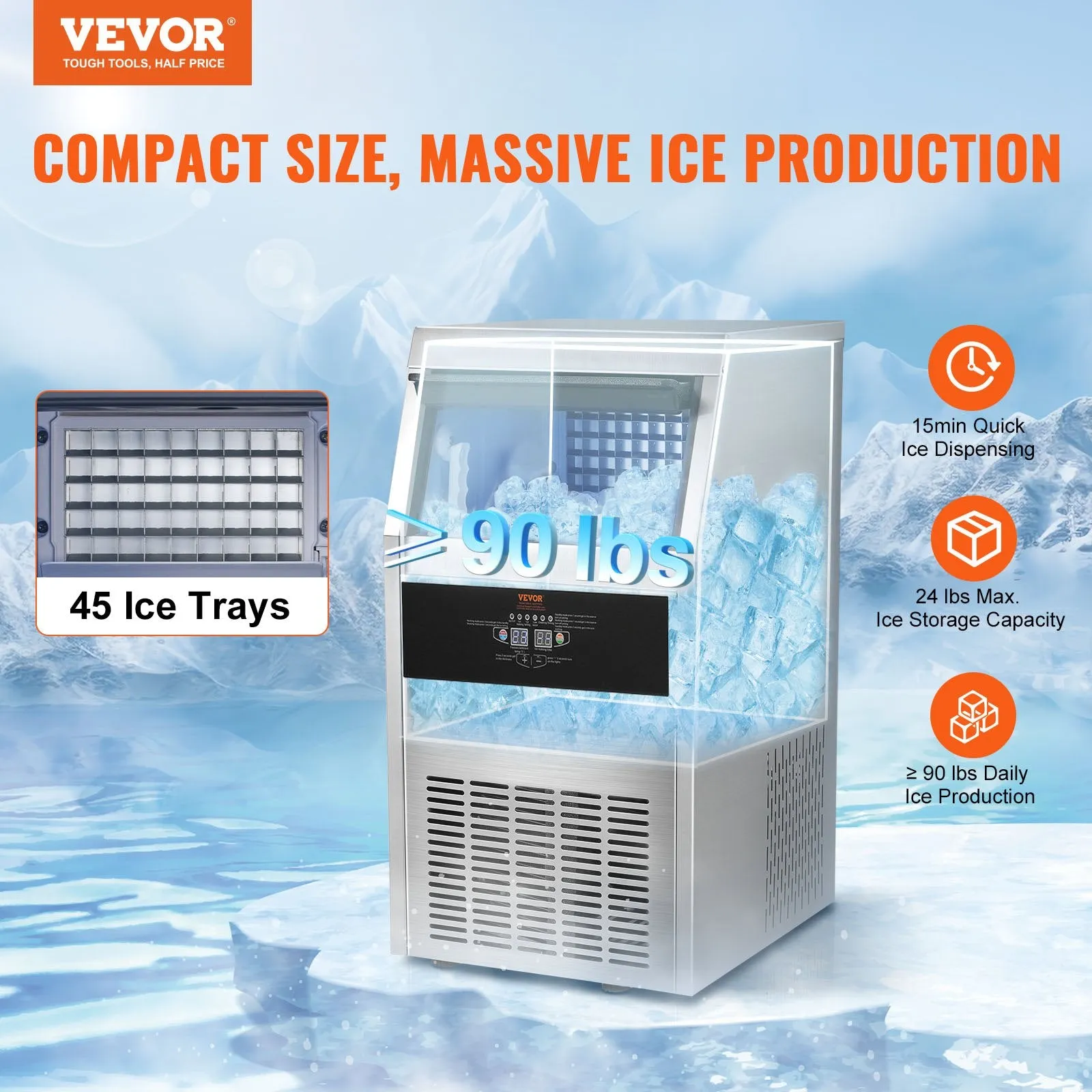 Vevor Commercial Ice Maker 90 Lbs/Day with 24 Lbs Storage Capacity LED Digital Display New