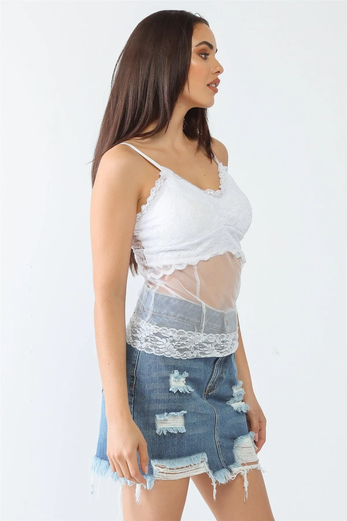 White Sheer Mesh Lace Sleeveless Push-Up Bustier Top