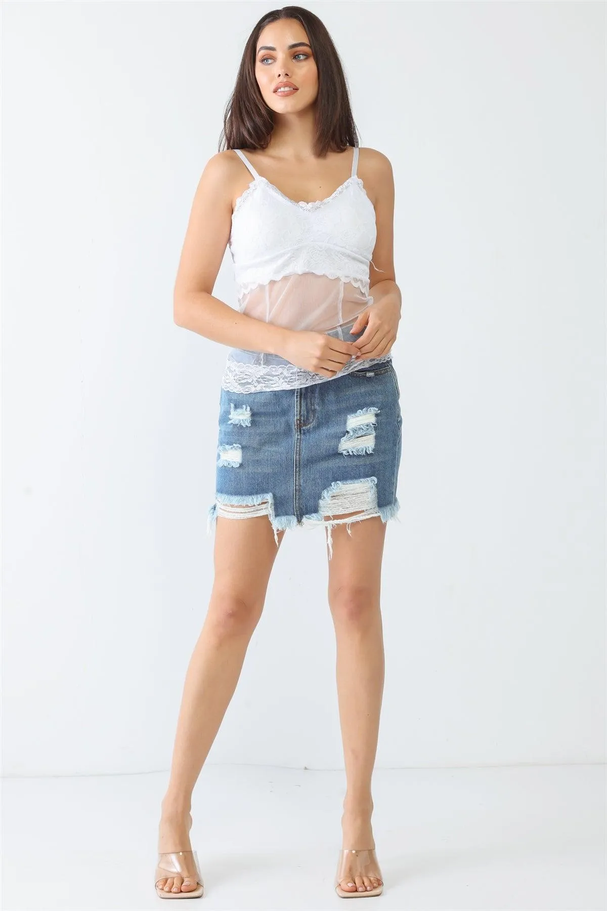 White Sheer Mesh Lace Sleeveless Push-Up Bustier Top